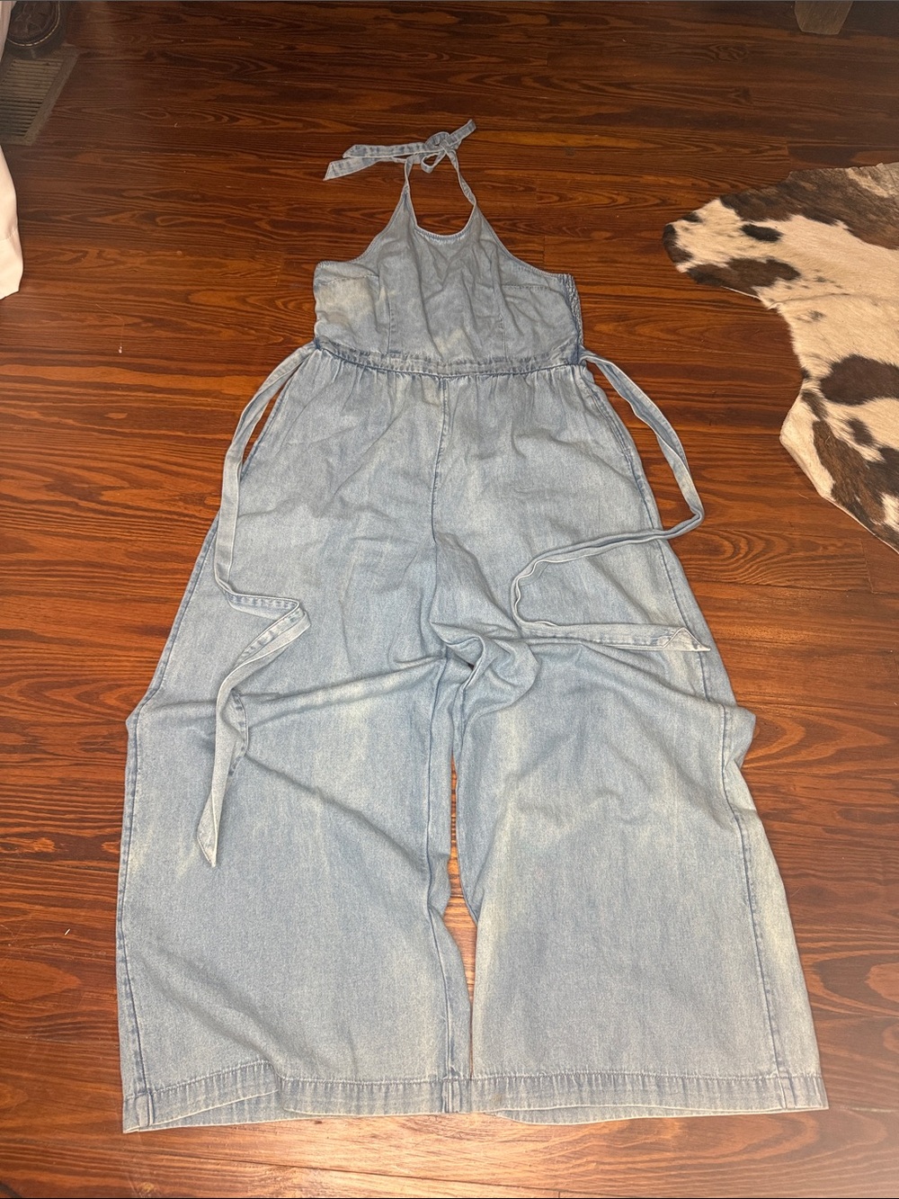 American Eagle Light Wash Denim Halter Jumpsuit